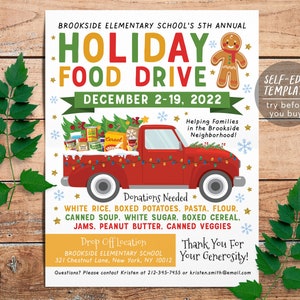 Holiday Food Drive Flyer Invitation Editable Template, Christmas Xmas Food Drive Poster, Nonprofit Charity Community Donation Event