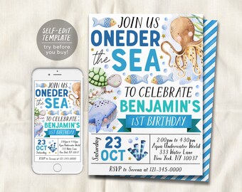 Oneder The Sea First Birthday Invitation Editable Template, Boy Unisex Under The Sea 1st Birthday Party Invite, Aquarium Trip Sea Evite