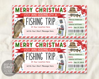 May include: A rectangular Christmas gift voucher featuring a red and white striped border, a fish illustration, a fishing rod, and text reading Merry Christmas You Are Going On A Fishing Trip, To Marcus Anderson, From Jessica Williams, Dec 27, 2023.
