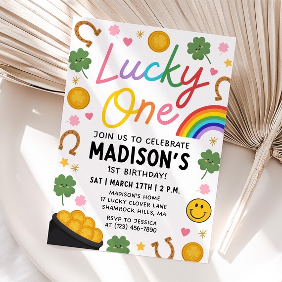 Lucky One Birthday Invitation, Girl Shamrock St Patricks Invite, Lucky Charm March Birthday Party, Edit With Canva