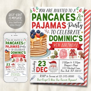 Christmas Pancakes and Pajamas Birthday Invitation Editable Template, Brunch Pancakes With Santa Party Invite, Kids PJs Xmas Holiday Evite