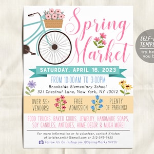 Spring Market Flyer Editable Template, Easter Spring Festival Vendor Bazaar Crafts Floral Bicycle Bike Fundraiser Event, School PTO PTA