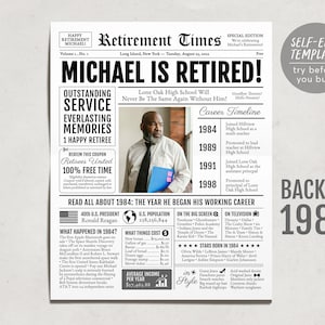 Unika tidningsgåvor för pensionering för män eller kvinnor, redigerbar välkomstskylt för pensionering, dekoration för pensionering, historia tillbaka till 1984