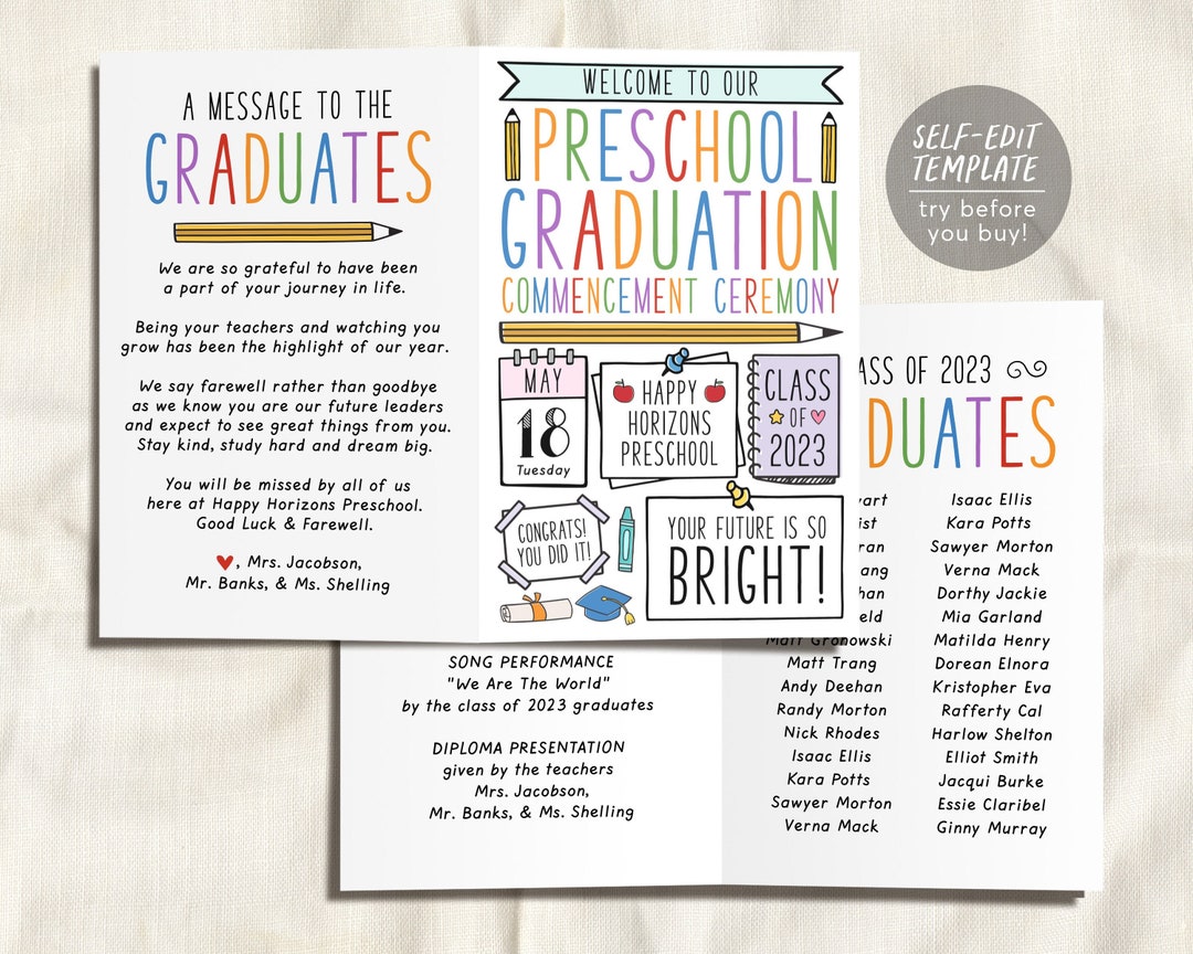 Graduation Program Editable Template for Preschool, Prek Ceremony