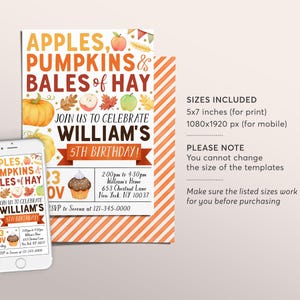 Apple and Pumpkins Birthday Invitation Editable Template, Kids Unisex Thanksgiving Bales Of Hay Party Invite, Pumpkin Patch Autumn Fall image 2