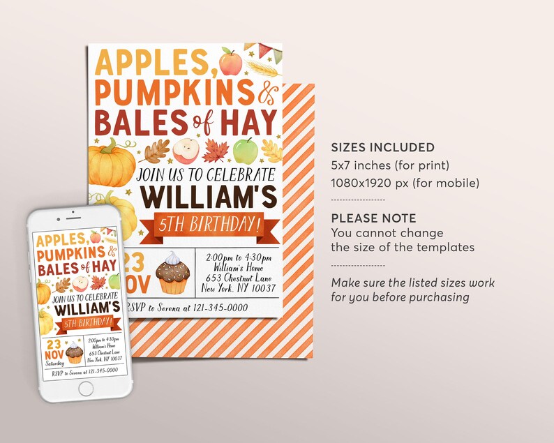 Apple and Pumpkins Birthday Invitation Editable Template, Kids Unisex Thanksgiving Bales Of Hay Party Invite, Pumpkin Patch Autumn Fall image 2