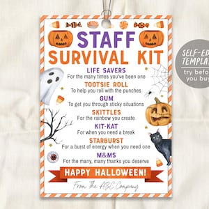 Modèle modifiable d'étiquette de kit de survie du personnel d'Halloween, cadeau d'automne carte cadeau, employé infirmière entreprise appréciation bonbons cadeau étiquettes régal
