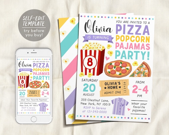 Pizza Popcorn and Pajamas Party Birthday Invitation Template, Movie Party Evite, Slumber Party, Sleepover Birthday Digital Invitation