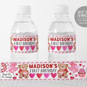 Etiquetas para garrafas de água Little Sweetheart, modelo editável, ursinho de pelúcia para dia dos namorados, corações rosa, festa de aniversário, embalagem para garrafas, etiqueta para bebidas
