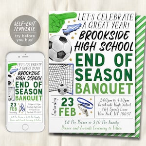 Soccer End of Season Sports Banquet Invitation Editable Template, Football Awards Night Ceremony, Team Party Evite Senior Parent Night Flyer