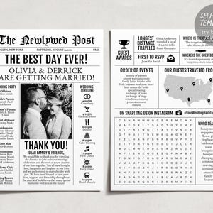 May include: A black and white wedding newspaper template titled The Newlywed Post featuring a photo of a couple, a wedding party list, a timeline, guest awards, a map of the United States with location pins, and a word search puzzle.