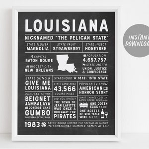Louisiana State Wall Art Sign Poster Infografik, Kreidetafel Louisiana Karte, New Orleans, US Bundesstaaten, State Facts, Ausgehgeschenke für Männer
