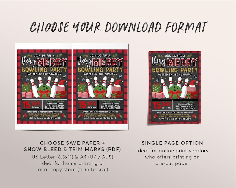 Holiday Bowling Party Invitation Editable Template, Christmas Xmas Company Staff Work Party Invite, Games Flannel Plaid Retro Buffalo Rustic image 4