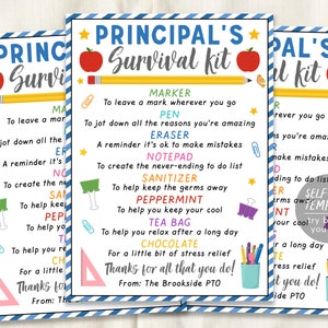 School Principal Survival Kit Editable Template, Principal Appreciation Day Thank You Gift Tags, Back to School Gift PTA PTO Printable