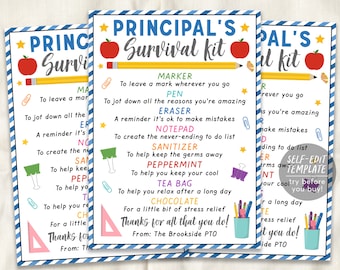 Plantilla editable del kit de supervivencia del director de la escuela, etiquetas de regalo de agradecimiento del día de agradecimiento al director, regalo de regreso a la escuela PTA PTO imprimible