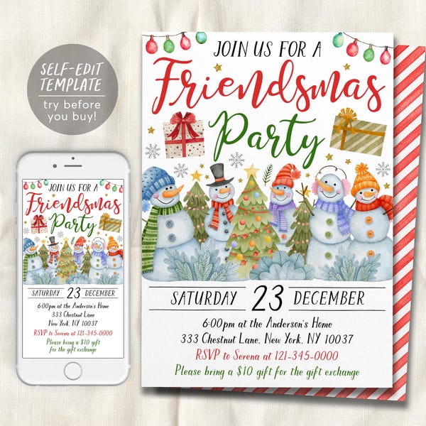 Friendsmas Party Einladung bearbeitbare Vorlage, Schneemann Weihnachtsfeier einladen, Urlaub Geschenk Börse Evite, Winter Wunderland Weihnachtsfeier