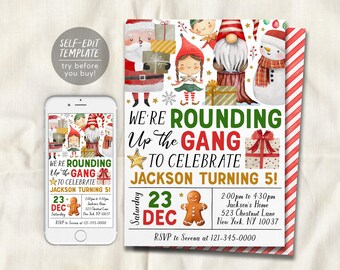 We're Rounding Up The Gang Birthday Invitation Editable Template, Santa's Crew Holiday Party Invite, Kids Merry Christmas Winter Evite