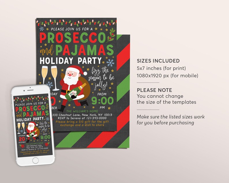Op de afbeelding: Printbare uitnodiging voor een kerstfeest met de tekst "Prosecco and Pajamas Holiday Party" in rood en groen op een zwarte achtergrond. De uitnodiging bevat een illustratie van de kerstman en de tekst "Fizz the season to be jolly!" in wit. De uitnodiging is beschikbaar in twee formaten: 5x7 inch voor printen en 1080x1920 pixels voor mobiel.