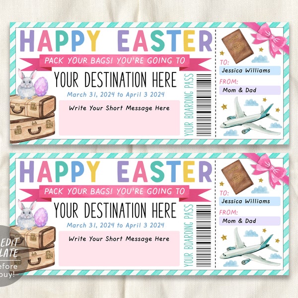 Easter Surprise Boarding Pass Editable Template, Vacation Travel Plane Ticket Voucher For Kids Trip Flight Destination Certificate Printable