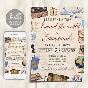Könnte beinhalten: Eine Einladung zum Thema Reisen mit einem Vintage-Kartenhintergrund. Die Einladung enthält Illustrationen von Koffern, einem Kompass und einem Flugzeug. Der Text lautet "Let's Take a Trip Around the World for Emmanuel's 12th Birthday!" und enthält Eventdetails.