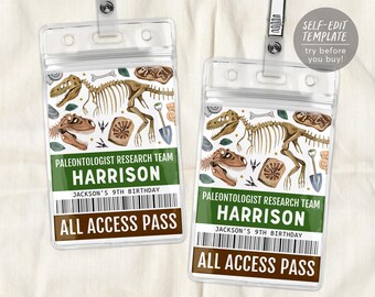 Dinosaur Party ID Badge VIP Pass Editable Template, Paleontologist Dig Site All Access Pass, Fossil Dino Bones Jurassic T-Rex Party Name