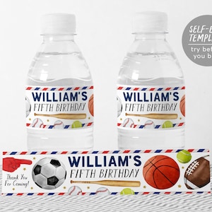 Modèle modifiable d'étiquettes de bouteille d'eau de sport All Star, c'est l'heure du jeu, étiquettes de boisson pour emballage de bouteille de fête d'anniversaire, baseball, football, basket-ball