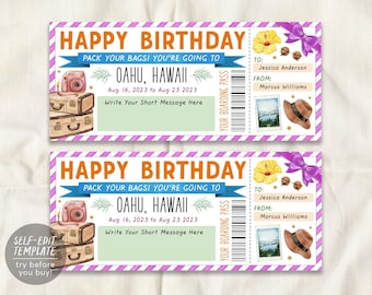 May include: A printable Happy Birthday boarding pass template featuring travel illustrations including suitcases, a camera, a hibiscus flower, sunglasses, and a hat. The text reads Happy Birthday, Pack your bags! You're going to Oahu, Hawaii.