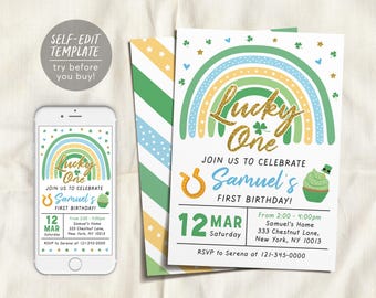 May include: A birthday invitation template featuring a rainbow, a horseshoe, and a cupcake. The text reads Lucky One, Join us to celebrate Samuel's first birthday, 12 Mar Saturday, and includes event details and a self-edit template label.