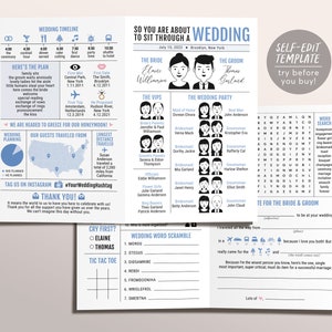 Modèle de programme de mariage à deux volets, programme de mariage infographique drôle, portrait de programme de mariage silhouette, jeux de mariage, carte de conseils de mariage