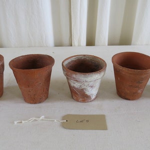 May include: Five terracotta flower pots of varying sizes and shapes. The pots are a warm reddish-brown color, with some showing signs of age and wear. One pot has white residue. A tag with the text "LOT 5" is attached.