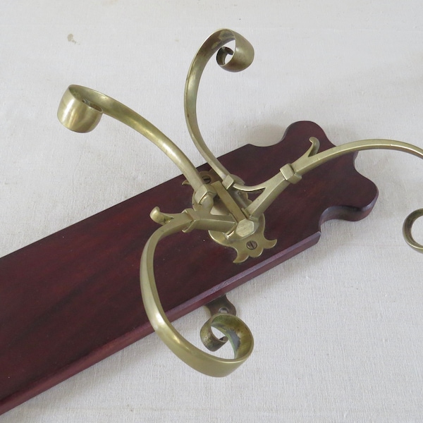 Antique Rare French Brass Hooks Early 19th Century / Mahogany & Brass Coat Hook Rack / French Hanging Rack / Cloakroom Rack