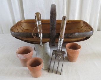VINTAGE SUSSEX TRUG with Garden Tools and pots. Trug now sold....................Sold