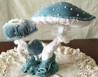 Pale blue beaded velvet mushroom textile soft sculpture whimsical cottagecore fungi