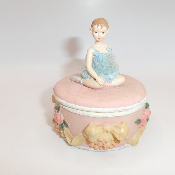 TT Ganz Ballerina Trinket Jewelry Box w/ Lid Pink & Blue Roses Tutu Little Girl