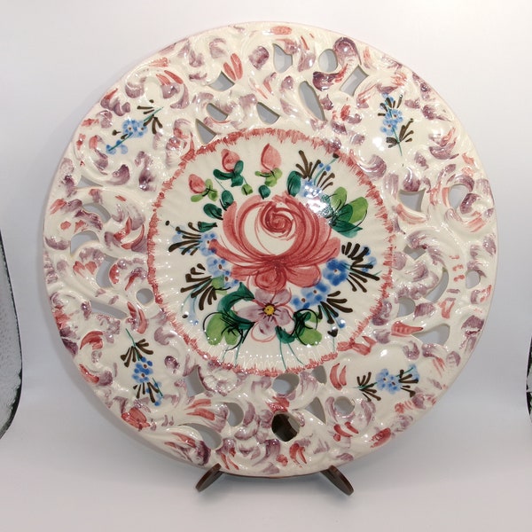 Hand Painted Large Plate Made in Italy Roses Pink Flowers Reticulated Signed MBD 8/3990 Reticulated Floral READ