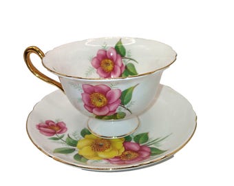 Vintage Shelley Cup & Saucer Pink and Yellow Large Wild Roses READ Flaw 1964-65
