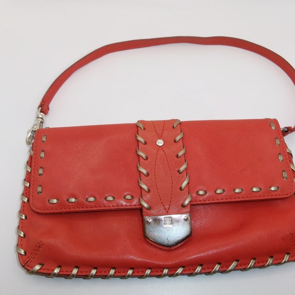 Michael Kors Leather Clutch Bag Purse with Detachable Strap Pink Coral Leather & Silver Lacing Accent