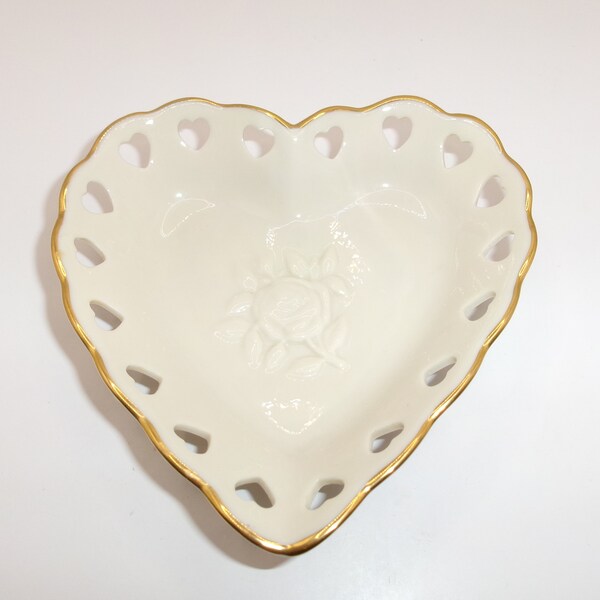 Lenox Heart Shaped Trinket Dish China Rosebud Collection Reticulated  Hearts Gilding Made in USA