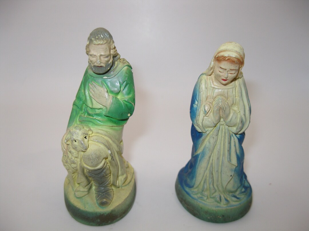 Mary and Shepherd Holding Sheep Nativity Figures Chalkware Figurines ...