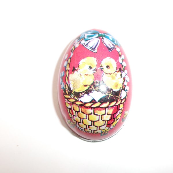 Murray Allen Tin Litho Egg Baby Chicks in Basket Red Yellow Hong Kong Candy Container