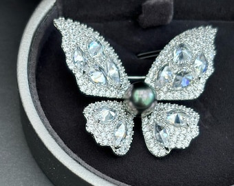 Tahitian Pearl brooch saltwater pearl, butterfly pin  brooch wedding anniversary gift for her women jewellery