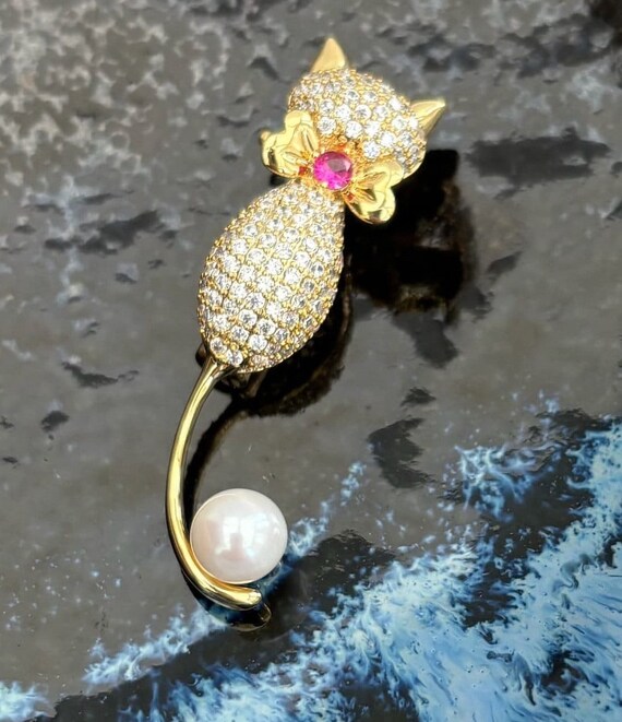 Pearl Cat Brooch, Freshwater Pearl, Handmade Vintage Jewelry - Etsy UK