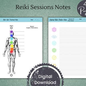 May include: Printable Reiki session notes with a black and white illustration of a human body with seven chakras. The chakras are colored in rainbow colors. The notes include sections for before, byosen, and insights/observations. The second page includes a section for distant Reiki chakra notes with a section for session number, client name, and date.