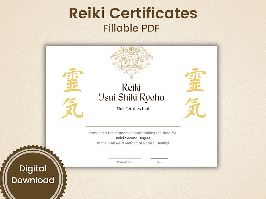 Reiki Certificates - Levels I, II, III and Master, Editable PDF, Reiki ...