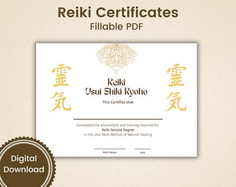 Reiki Certificate Template - Levels I-Master, Editable PDF (Digital Download)