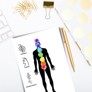 May include: A black silhouette of a person with seven colorful circles representing the seven chakras. The chakras are labeled with their Sanskrit names and symbols. The image is on a white background.