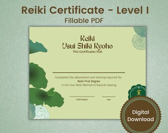 Reiki Certificate - Level I, Editable PDF, Reiki Certificate Template, Reiki Certificate Printable, Reiki business