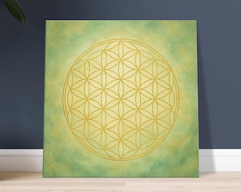 Flower of Life Canvas Print – Green and Gold Sacred Geometry Wall Art