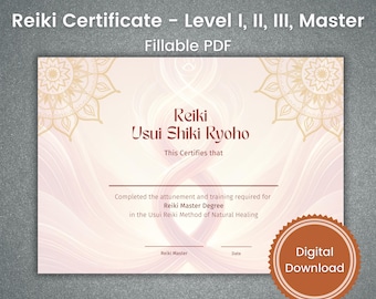 Editable Reiki Certificate Template – Levels I-Master (Fillable PDF)