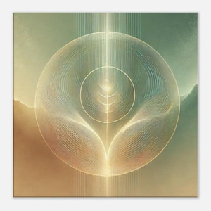Peut inclure: Art numérique abstrait avec un motif géométrique doré sur un fond vert et brun. Le motif ressemble à une fleur avec une tige centrale et des lignes rayonnantes.